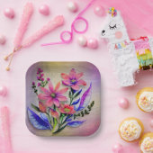 水彩花束、背カラフル景 ペーパープレート (パーティー)