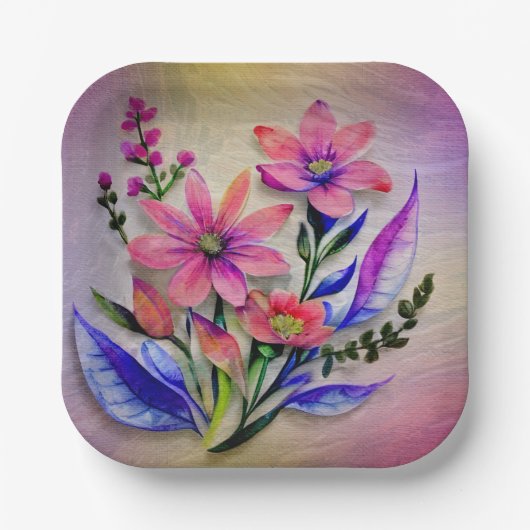 水彩花束、背カラフル景 ペーパープレート (正面)