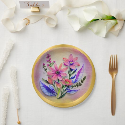 水彩花束、背カラフル景 ペーパープレート (ウェディング)