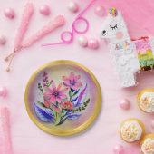 水彩花束、背カラフル景 ペーパープレート (パーティー)