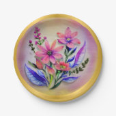 水彩花束、背カラフル景 ペーパープレート (正面)
