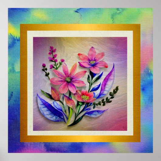 水彩花束、背カラフル景 ポスター (正面)