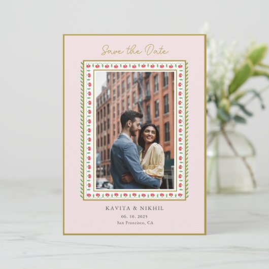 水彩花枠の写真付きSave the Date セーブザデート (スタンド正面)