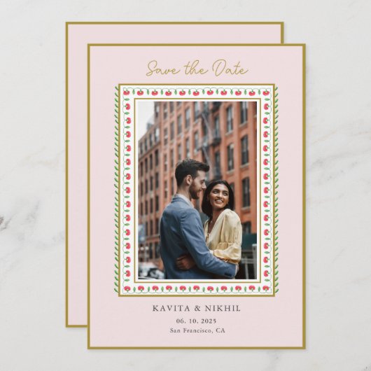 水彩花枠の写真付きSave the Date セーブザデート (正面/裏面)