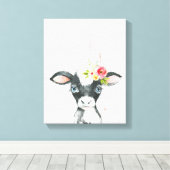 水彩花柄の黒と白の牛のアート キャンバスプリント (インサイチュ (ウッドフロア))