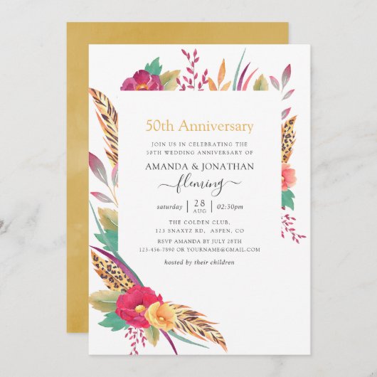 水彩花柄サファリ 50周年結婚記念日 招待状 (正面/裏面)