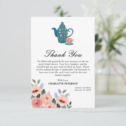 水彩花柄ティーパーティー ブライダルシャワー サンキューカード (スタンド正面)
