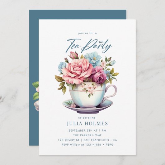水彩花柄湯飲み茶会 招待状 (正面/裏面)