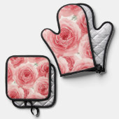 水彩花柄 ピンクのバラの花びら模様 鍋つかみ&鍋敷きセット (正面/裏面)
