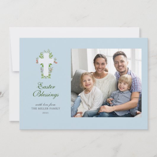 水彩花模様とクロスフォトイースター シーズンカード (正面)