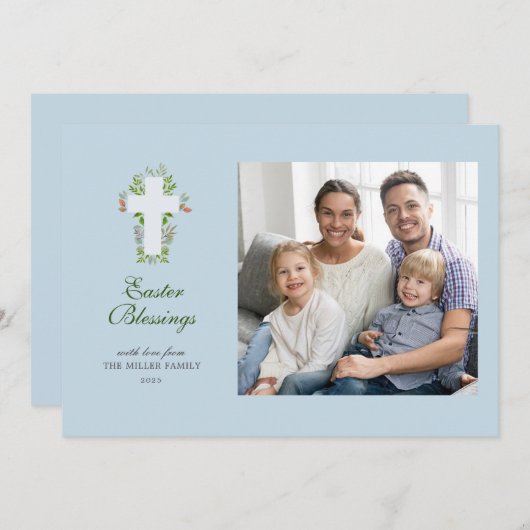 水彩花模様とクロスフォトイースター シーズンカード (正面/裏面)