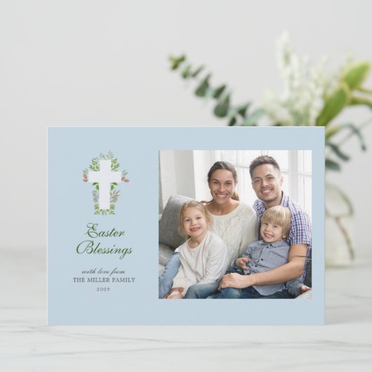 水彩花模様とクロスフォトイースター シーズンカード (スタンド正面)