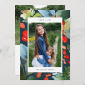 水彩花模様のクリスマスツリーおしゃれなツーショット写真青 シーズンカード (正面/裏面)