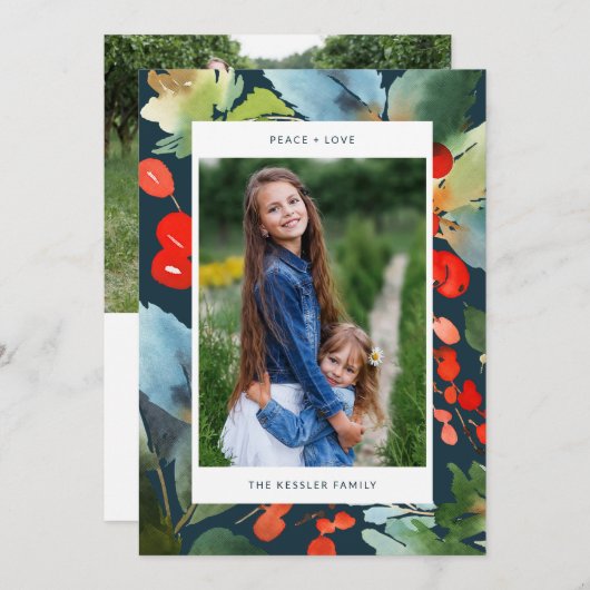 水彩花模様のクリスマスツリーおしゃれなツーショット写真青 シーズンカード (正面/裏面)