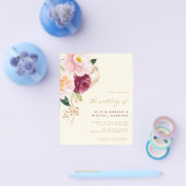 水彩花模様のゴールドバーガンディー結婚式招待状 チラシ (シングル)