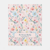 水彩花模様の家パーソナライズされた名 フリースブランケット (正面)