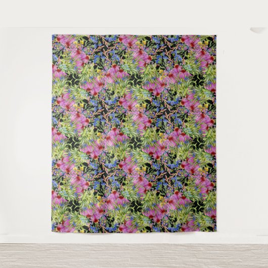 水彩花模様イエローグリーンピンク タペストリー (正面)