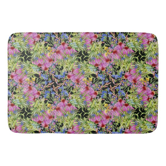 水彩花模様イエローグリーンピンク バスマット (正面)