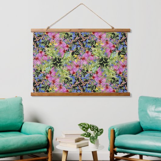 水彩花模様イエローグリーンピンク 吊り下げ型タペストリー (リビング)