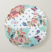 水彩花模様オン白 ラウンドクッション (正面)