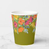 水彩花模様オン緑 紙コップ (正面)