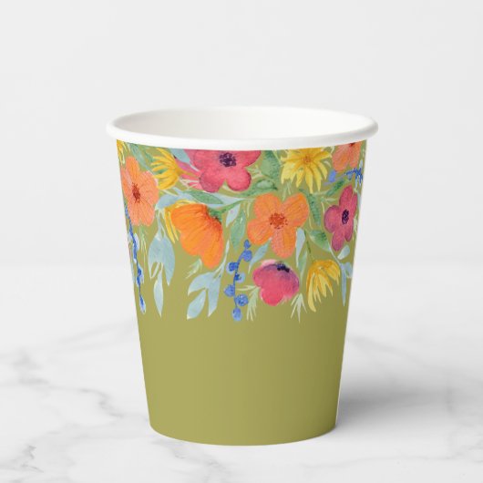 水彩花模様オン緑 紙コップ (裏面)