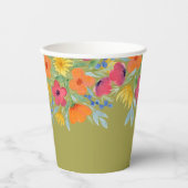 水彩花模様オン緑 紙コップ (正面)