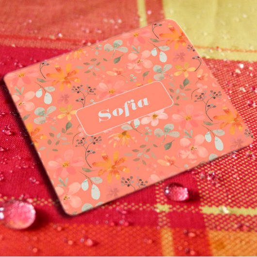 水彩花模様カスタム白オレンジ スクエアペーパーコースター