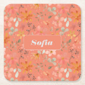 水彩花模様カスタム白オレンジ スクエアペーパーコースター (正面)