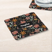 水彩花模様カスタム白黒 スクエアペーパーコースター (アングル)