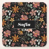 水彩花模様カスタム白黒 スクエアペーパーコースター (正面)
