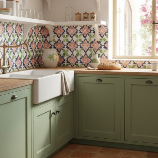 水彩花模様ネイビーコーラルグリーン タイル