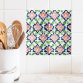 水彩花模様ネイビーコーラルグリーン タイル