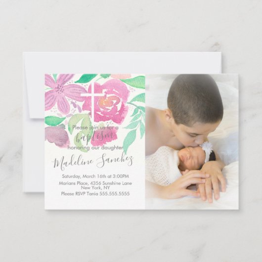 水彩花模様ピンクバプテスマ 招待状 (正面)