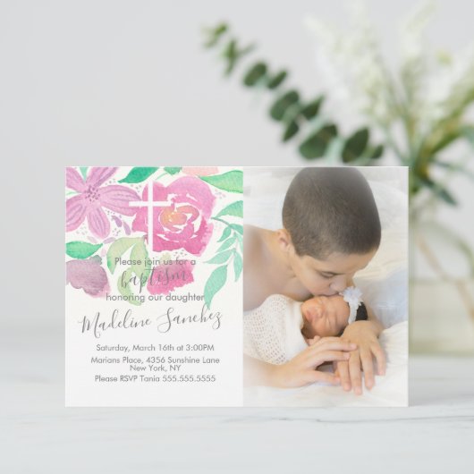 水彩花模様ピンクバプテスマ 招待状 (スタンド正面)