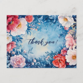水彩花模様ピンクブルーありがとうカスタム ポストカード