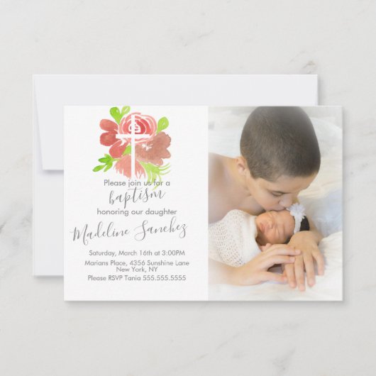 水彩花模様ピンク赤面バプテスマ献身 招待状 (正面)