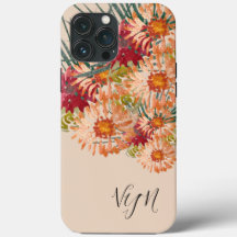 水彩花模様ピーチ金ゴールド モノグラムの