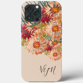 水彩花模様ピーチ金ゴールド モノグラムの iPhone 13 PRO MAXケース