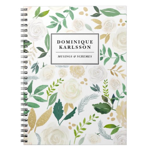 水彩花模様フェイク金ゴールドグリッター ノートブック (正面)