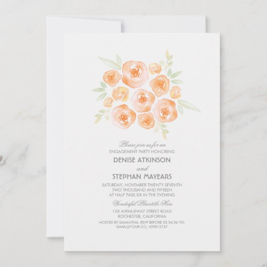 水彩花模様ブーケバラ婚約パーティ 招待状 (正面)