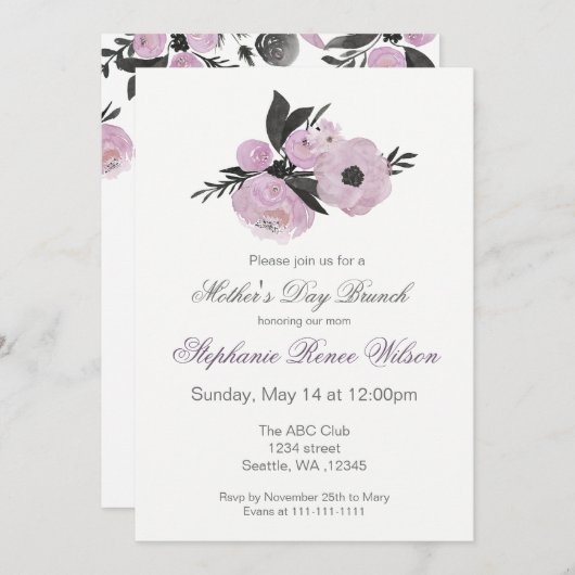 水彩花模様マザーズデイブルンチティーパーティー 招待状 (正面/裏面)
