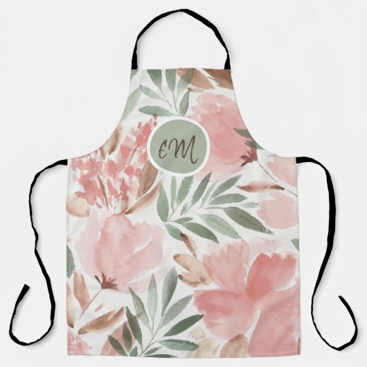 水彩花模様モノグラム エプロン (正面)