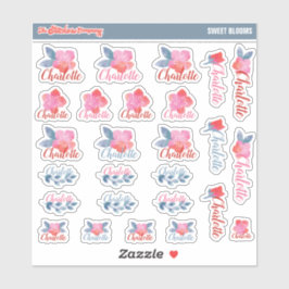 水彩花模様名前をカスタムするラベル |学校 シール