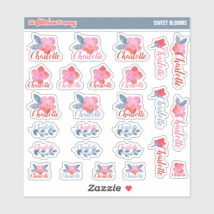 水彩花模様名前をカスタムするラベル  学校 シール