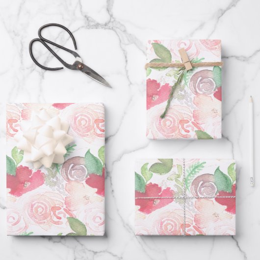 水彩花模様結婚ズブーケ絵を描手  ラッピングペーパーシート (正面)