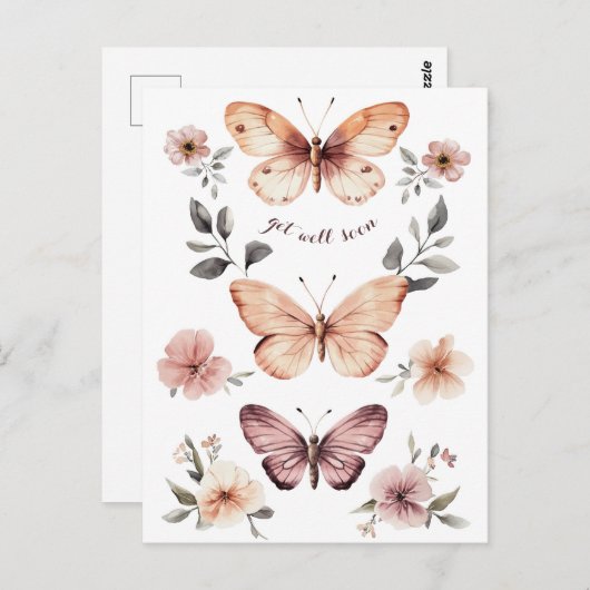 水彩花模様蝶が良く近づく ポストカード (正面/裏面)