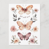 水彩花模様蝶が良く近づく ポストカード (正面)
