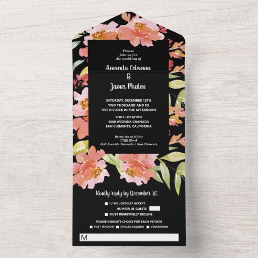 水彩花模様赤の黒結婚色 オールインワン招待状 (内側)