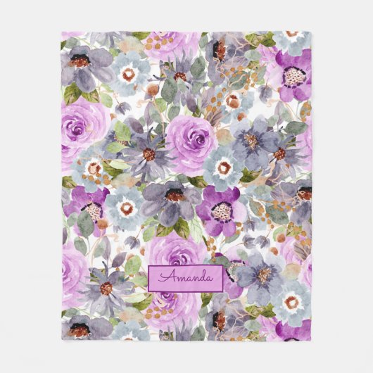 水彩花模様 フリースブランケット (正面)